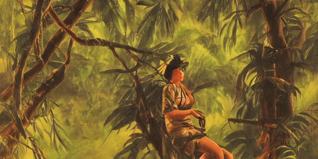 Prompt: painting of a female soldier in the rainforest at golden hour by kitano tsunetomi, 1 9 3 9