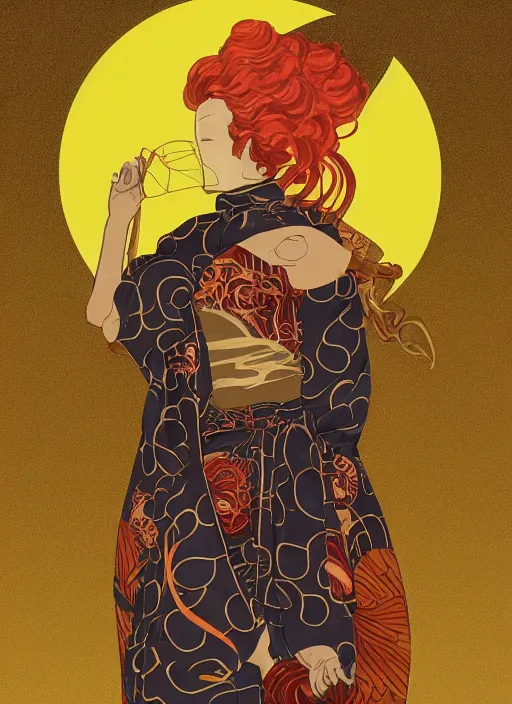 Image similar to portrait of a woman with a mask on his face in the form of a spiral in a golden kimono, full face, against the background of a bright red moon, sad motif, by hisashi eguchi, kentaro miura, and yoshitaka amano, soft colors, futuristic, 8 k