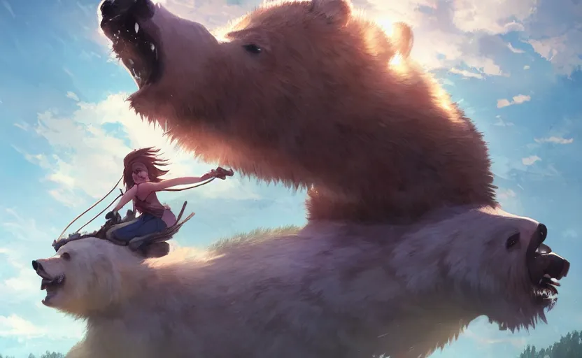 Prompt: a girl riding a grizzly bear, full shot, atmospheric lighting, detailed faces, by makoto shinkai, stanley artgerm lau, wlop, rossdraws