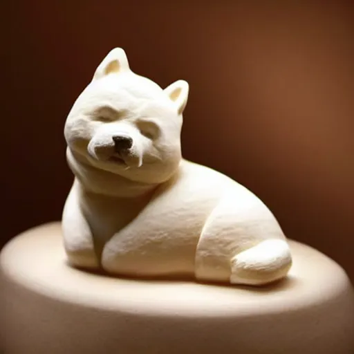 Image similar to a very beautiful intricately shaped organic sculpture carved from steamed buns depicting a shiba inu. studio lighting, high resolution, high quality, dark background