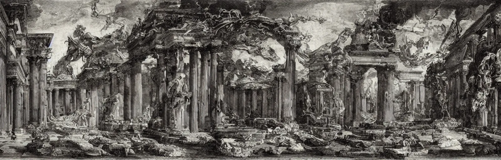 Image similar to a imaginative and theatrical architectural interior landscape, etching by giovanni battista piranesi