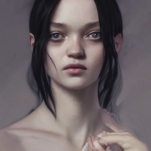 Image similar to portrait of a german teenage girl with glossy black hair, glowing skin, delicate features, gemma ward, stoya, fantasy, intricate, elegant, dress shirt, highly detailed, digital painting, artstation, concept art, smooth, sharp focus, illustration, art by Krenz Cushart and Artem Demura and alphonse mucha