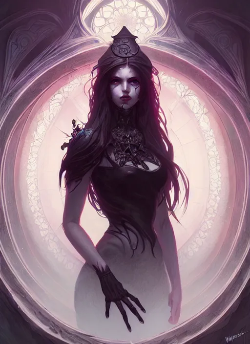 Image similar to Necromancer Sorceress, fantasy magic, undercut hairstyle, dark light night, intricate, elegant, sharp focus, illustration, highly detailed, digital painting, concept art, matte, art by WLOP and Artgerm and Greg Rutkowski and Alphonse Mucha, masterpiece