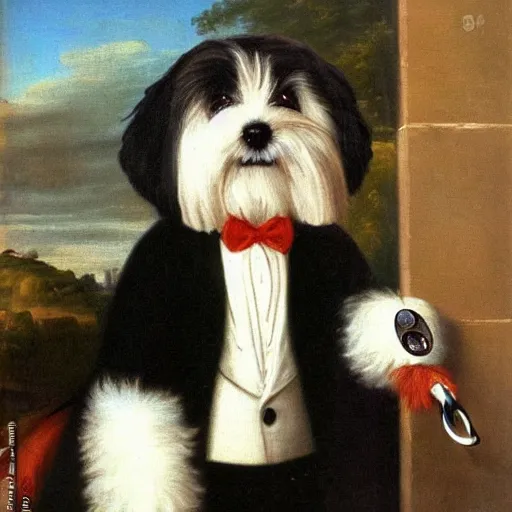 Prompt: A coton de tulear dog with black fur dressed up as a dapper english gentleman wearing a monocle and holding a pipe, renaissance oil painting, highly detailed