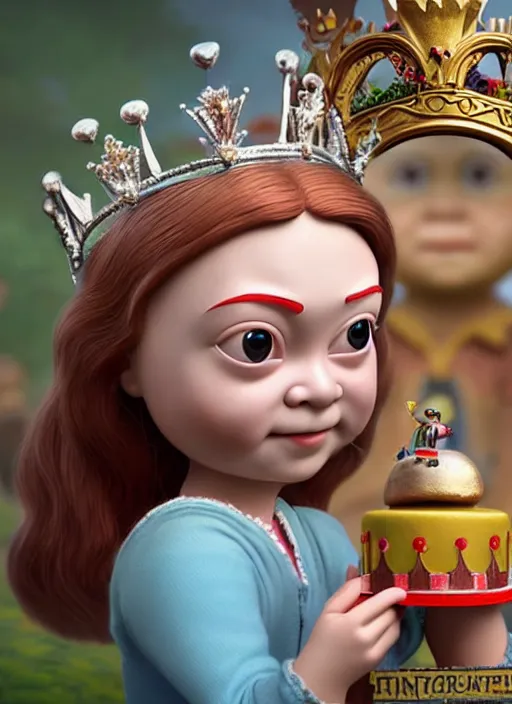 Image similar to highly detailed closeup, face profile portrait of greta thunberg as a tin toy fairytale princess wearing a crown eating cakes, bikini, unreal engine, nicoletta ceccoli, mark ryden, earl norem, lostfish, global illumination, detailed and intricate environment