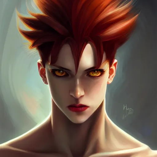 Prompt: portrait of hisoka morow hunter hunter male thin lips small eyes very thin pursed lips extremely sharp jaw yellow eyes narrow almond eyes sultry eyes dark red hair soft hair slicked back crimson hair anime, madonna genderbend elegant, highly detailed, digital painting, artstation art by artgerm and greg rutkowski and alphonse mucha
