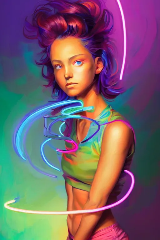 Image similar to a award winning half body portrait of a beautiful woman with stunning eyes in a croptop and cargo pants with rainbow colored hair, outlined by whirling illuminated neon lines and fine lines swirling in circles by jesper ejsing, rhads, makoto, shinkai, lois van baarle, digital art, trending on artstation