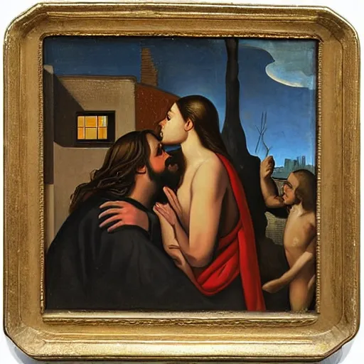 Prompt: 1 8 th oil panting of a jesus kissing a prostitute