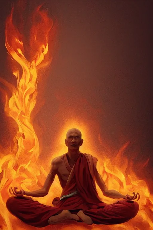 Prompt: A meditating monk on fire by Afshar Petros, Trending on artstation.