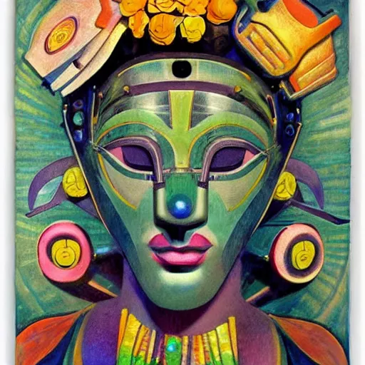 Prompt: head of a beautiful robot wearing a carnival mask made of stylized flowers, by diego rivera and john watkiss and annie swynnerton, art deco shaman, art brut, symbolist, dramatic cinematic lighting, god rays, iridescent beetles, clean crisp graphics, smooth sharp focus, extremely detailed