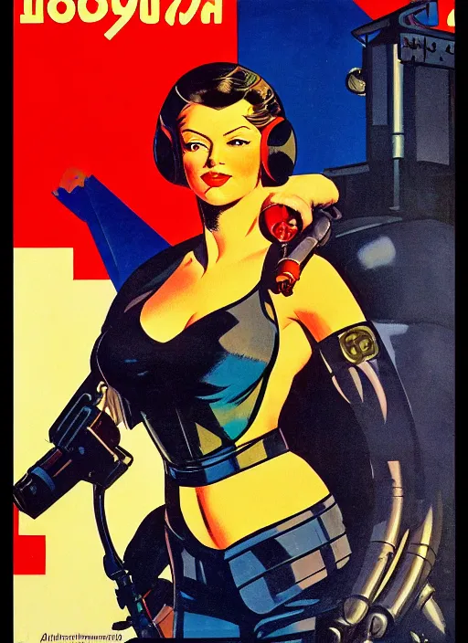 Image similar to soviet propaganda poster. cyberpunk hitwoman. portrait by jean giraud and anton otto fischer and john philip falter and will eisner and gil elvgren