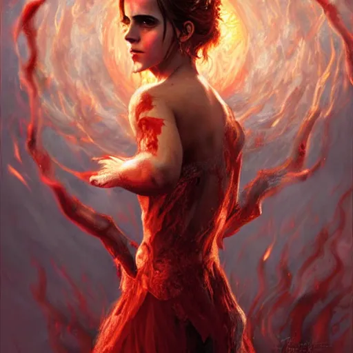 Image similar to emma watson as the goddess of hell, hot, hyper detailed, illustration, hyper realistic, blood, fire, dramatic lighting, cinematic, hell, full body portrait by steve henderson