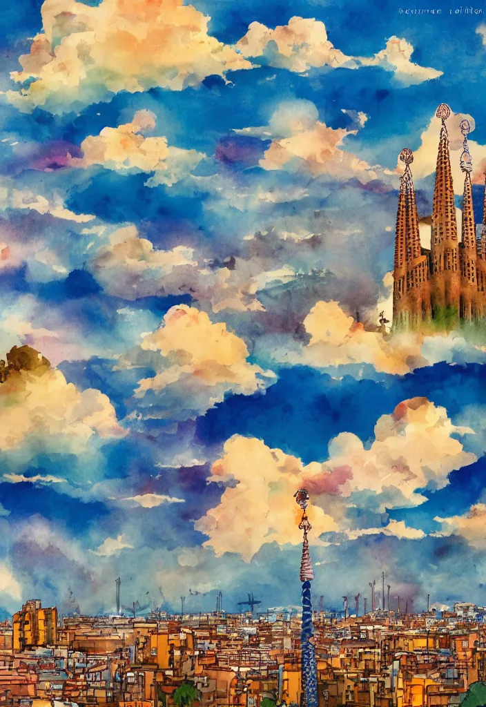 Image similar to barcelona city, detailed clouds, sunbeams, heavenly color scheme, studio ghibli scheme