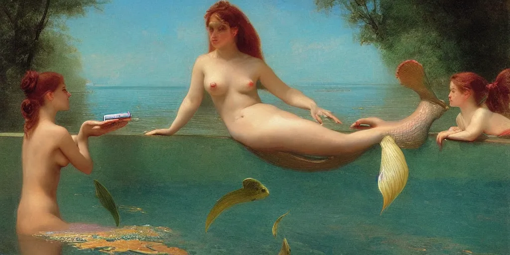 Prompt: a beautiful mermaid in a las vegas pool looking at her phone really annoyed by Albert Bierstadt, Frederic Edwin Church