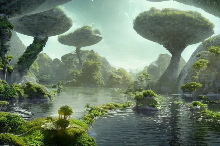 Prompt: highly advanced civilization living in hindu temple inspired space colonie, floating islands connected with roots, avatar like landscape, high - tech space cult with trees and plants and alien flowers, dramatic lighting, epic, octane render, volumetric light, unreal engine, artbreeder, 8 k, background, scene, digital, artwork, high quality, 8 k