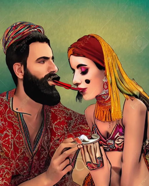 Image similar to chad bearded guy smoking hookah on a date with girl in turkish national dress, acid trip style, artwork, 4 k