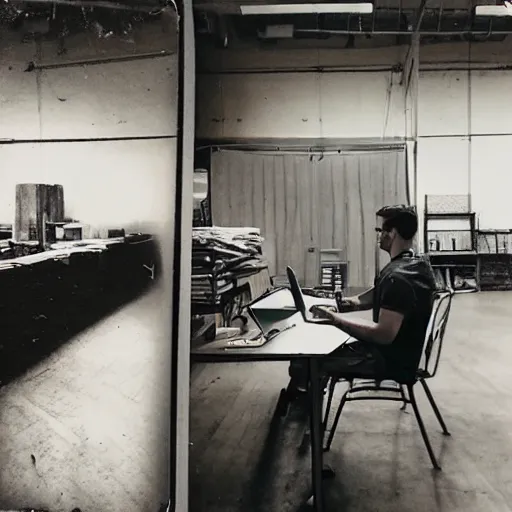 Image similar to a polaroid photo of man using a laptop inside in warehouse, he sitting on chair and small table, photo from behind