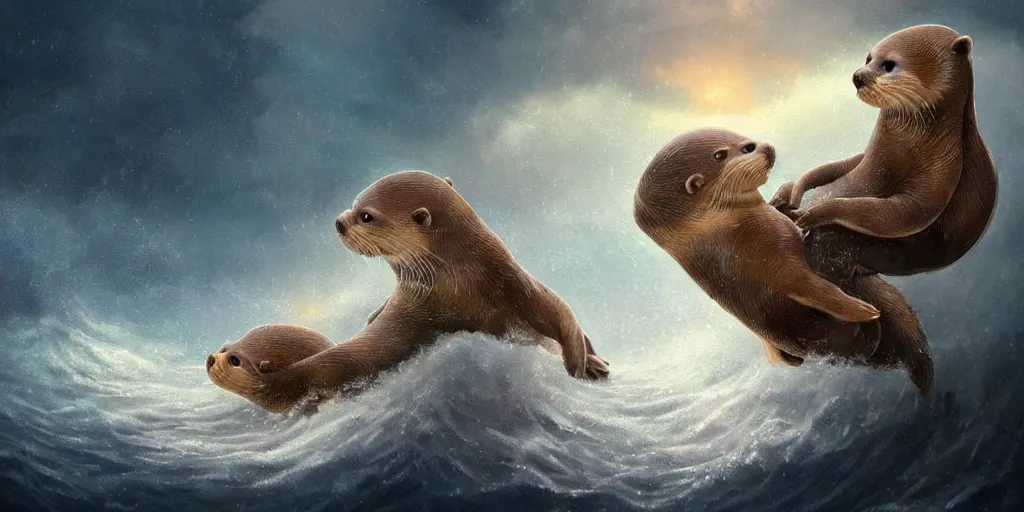 Image similar to beautiful fantasy illustration of a pair of adorable otters falling in love holding hands in a huge storm at sea cinematic dreamlike detailed trending on artstation masterpiece