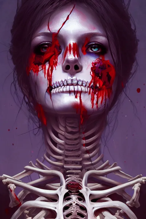 Image similar to extremely beautiful panting of goddess of the realm of the dead, half woman half skeleton, covered with blood, surrounded by skeletons, extremely high detailed face, artstation, by ilya kuvshinov, greg rutkowski and makoto shinkai, trending on artstation