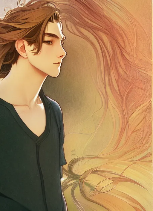 Image similar to pretty young man with shoulder length shiny shimmering golden blond hair, half body shot, path traced, highly detailed, high quality, digital painting, by studio ghibli and alphonse mucha, leesha hannigan, hidari, disney