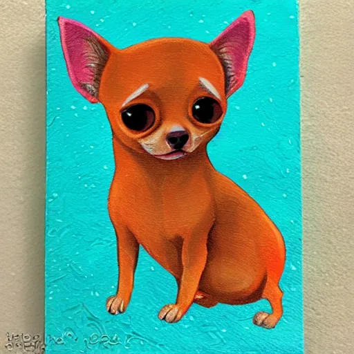 Image similar to a jeremiah ketner acrylic impasto! illustration of an adorable and cute tan chihuahua