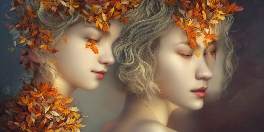 Prompt: breathtaking detailed concept art painting art deco pattern of curly short hair blonde goddesses faces amalgamation autumn leaves, by hsiao - ron cheng and volegov, bizarre compositions, exquisite detail, extremely moody lighting, 8 k