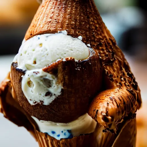 Image similar to a photograph of an ice cream cone growing out of a roast turkey like a mushroom. Shallow depth-of-field