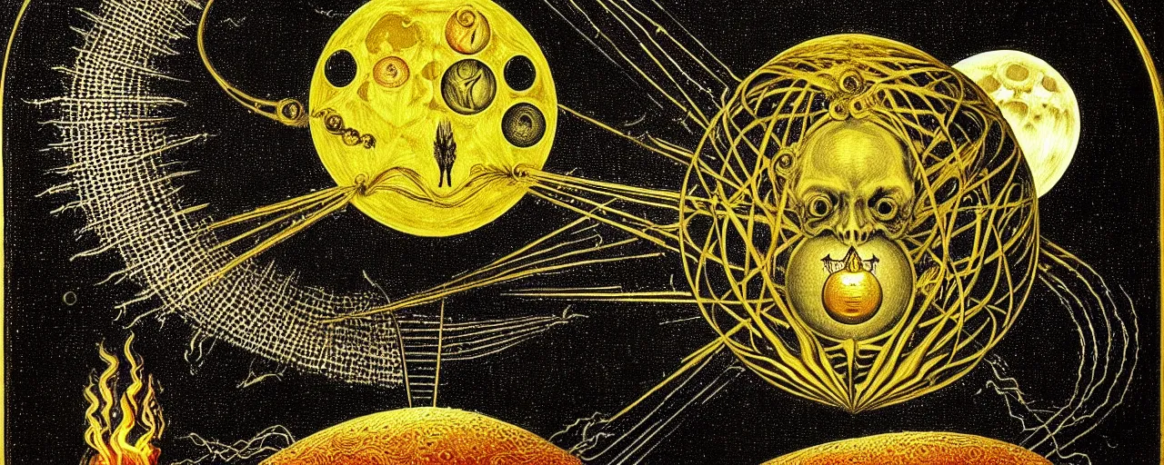 Prompt: a strange alchemical creature with a mouth of gold radiates a unique canto'as above so below'to the moon, while being ignited by the spirit of haeckel and robert fludd, breakthrough is iminent, glory be to the magic within, in honor of saturn, painted by ronny khalil