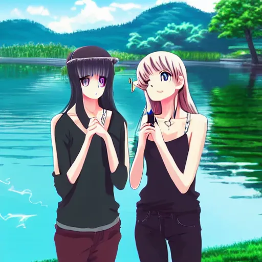 Image similar to two beautiful lesbian girls in love, smoking a hemp cigarette in front of a lake, in the style of anime, pixiv, intricate, elegant, highly detailed, lush, stylized, japanese, smooth