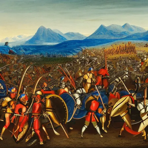 Image similar to wideshot of a medieval battle in front of a beautiful blue mountainscape, painting