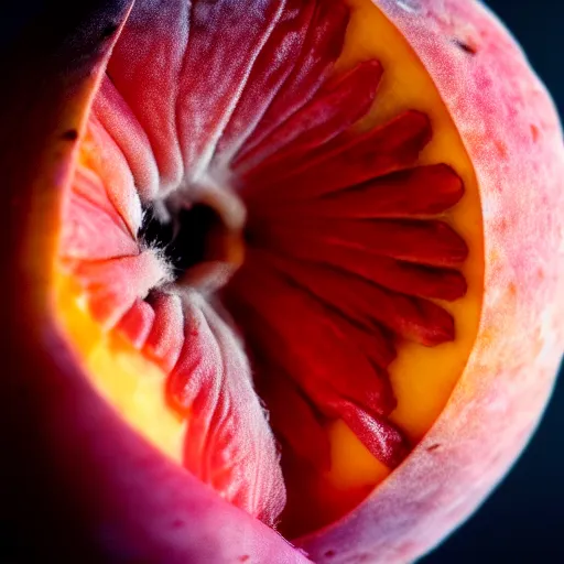 Image similar to a macro photo of a round peach's dry hairy skin, hyper realistic, hyper detailed, 35mm, very grainy film, pink volumetric studio lighting, bokeh, black background award winning shot, vogue magazine, cinematic, 8k, very closeup, elegant, tender, pastel