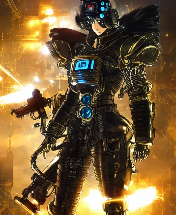 Image similar to an anime drawing of a cyberpunk warrior with golden steampunk armour and a futuristic helmet with a cybernetic visor by Moebius, 4k resolution, photorealistic