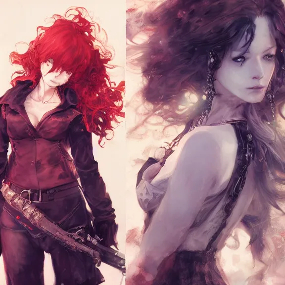 Image similar to christina hendricks!!! goth, tankoban, 4 k, tone mapping, akihiko yoshida, james jean andrei riabovitchev marc simonetti, yoshitaka amano, long hair, curly, h. hydrochaeri