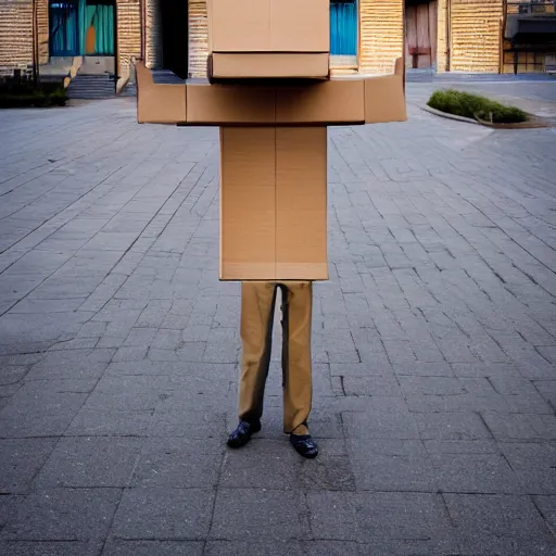 Prompt: cardboard box head guy walking in an empty street