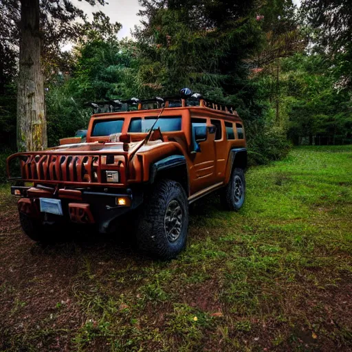 Prompt: a hummer parked in an old forest, at dusk
