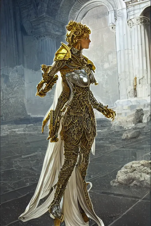 Prompt: portrait knights of Zodiac girl, metallic Silver and ice color reflected armor, in ruined Agora of Athens, ssci-fi, fantasy, intricate, very very beautiful, elegant, golden light, highly detailed, digital painting, artstation, concept art, smooth, sharp focus, illustration, art by art by artgerm and greg rutkowski and alphonse mucha and loish and WLOP