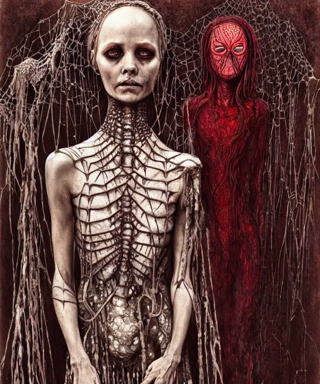 Prompt: a detailed creepy woman with many spider joints stands among the hills. wearing a ripped mantle, robe. perfect faces, extremely high details, realistic, fantasy art, solo, masterpiece, art by hermann nitsch, zdzislaw beksinski, dariusz zawadzki, giger, dragan bibin, ed binkley