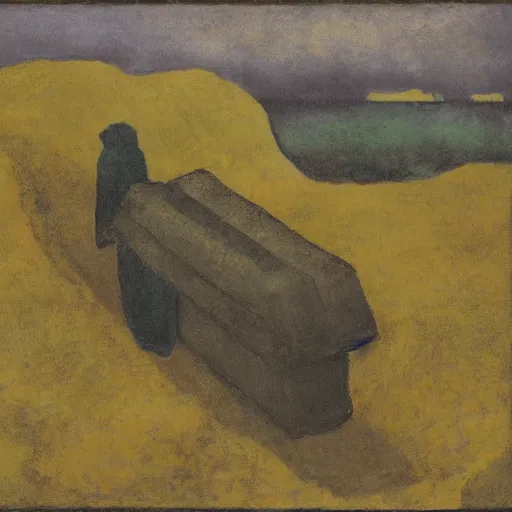 Image similar to serene, dull by ambrosius benson, by emil nolde. a illustration of a coffin being carried by six men through an ethereal, otherworldly landscape. the men are all wearing hooded cloaks. the landscape is eerie & foreboding, with jagged rocks & eerie, glowing plants.