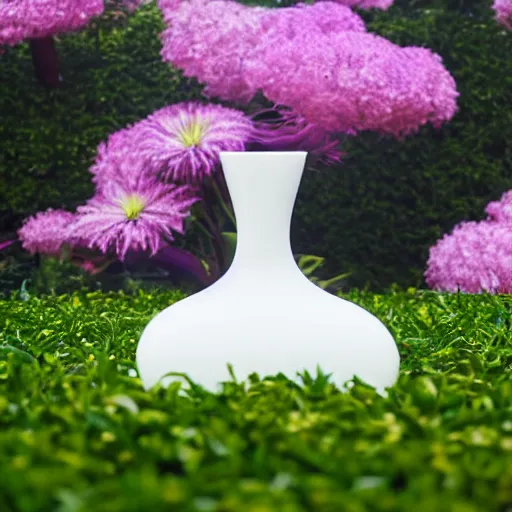 Prompt: perfume bottle in a white zen clean modern minimalist garden with cute flowers by peter tarka in an ivory room well contoured smooth fair walls, up close shot, sharp focus, zen, clean, modern minimalist, zaha hadid octane highly render, 4 k, ultra hd,