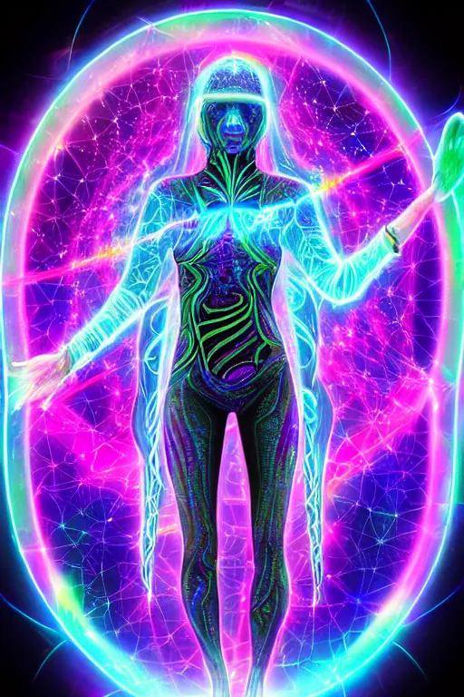 Image similar to full body female neopunk wizard opening a portal to the sidereal multiverse, intricate galaxy inlay, plasma neon glow, consciousness projection, astral projection, wide angle, super highly detailed, professional digital painting, artstation, concept art, smooth, sharp focus, no blur, no dof, extreme illustration, Unreal Engine 5, Photorealism, HD quality, 8k resolution, cinema 4d, 3D, beautiful, cinematic, art by artgerm and greg rutkowski and alphonse mucha and loish and WLOP