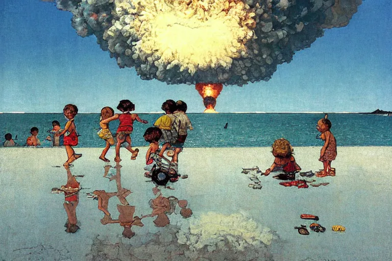 Prompt: children playing at the beach, huge atomic explosion in the background, isometric, detailed, by norman rockwell, by mattias adolfsson, by moebius, oil on canvas,