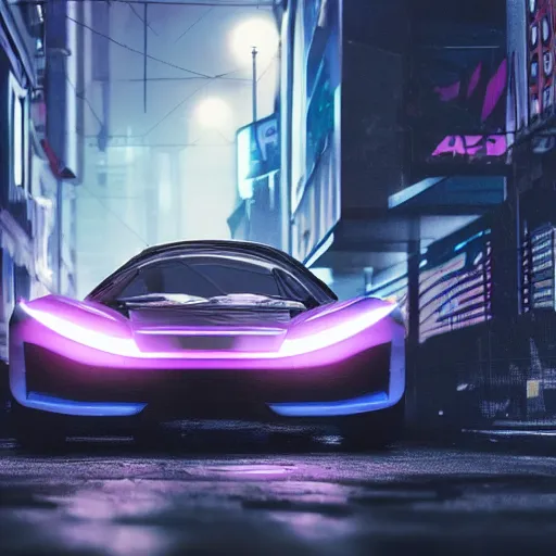 Prompt: futuristic sport car in a cyberpunk street, realistic, high details, rain, night, 4k