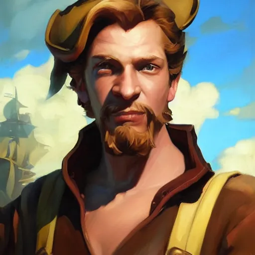 Image similar to greg manchess portrait painting of partially armored pirate captain guybrush threepwood as overwatch character, medium shot, asymmetrical, profile picture, organic painting, sunny day, matte painting, bold shapes, hard edges, street art, trending on artstation, by huang guangjian, gil elvgren, ruan jia, greg rutkowski, gaston bussiere