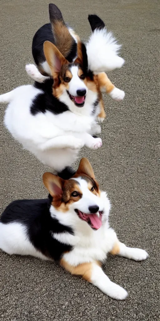 Image similar to cute corgi and a cute fluffy tuxedo cat riding on the top of him, realistic photo