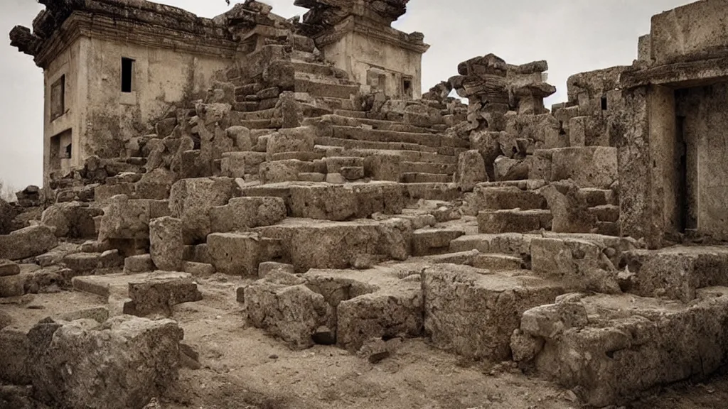Image similar to surreal ancient ruins with a stairway to heaven, photography by zhang kechun