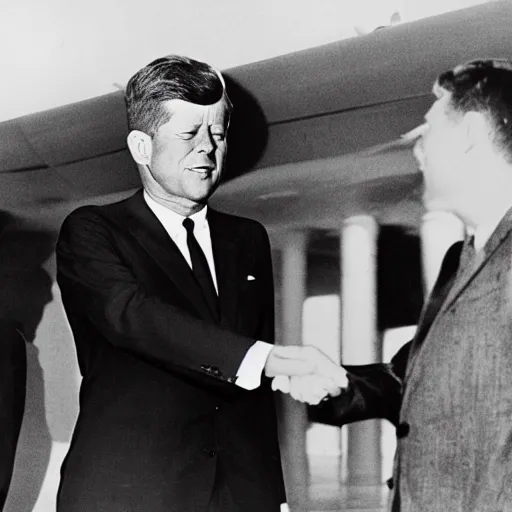 Image similar to president kennedy shaking hands with an alien from outer space