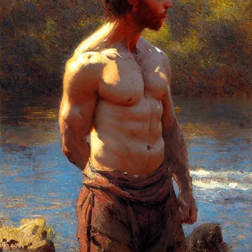 Image similar to young man by the river, muscular, detailed face, correct face, painting by Gaston Bussiere, Craig Mullins