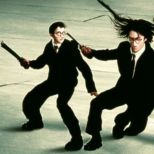 Prompt: harry potter fighting agent smith from the matrix