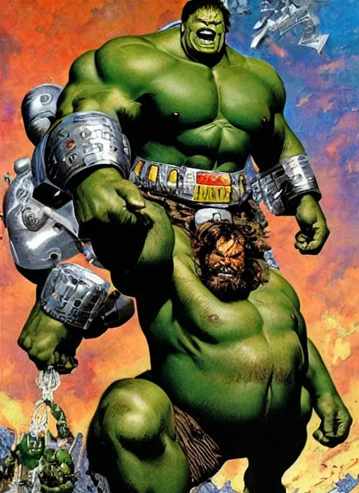 Image similar to full body and head portrait of brian blessed as marvel hulk in metal armour, dynamic action, painted by norman rockwell and phil hale and greg staples and tom lovell and frank schoonover and jack kirby