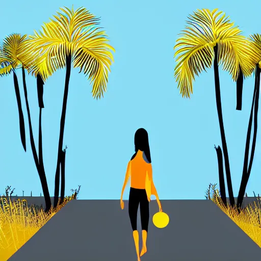 Image similar to woman walking with backdrop showing the sky, palm trees. the tiger has sharp claws and teeth. in minimal colourful geometric illustration style digital painting